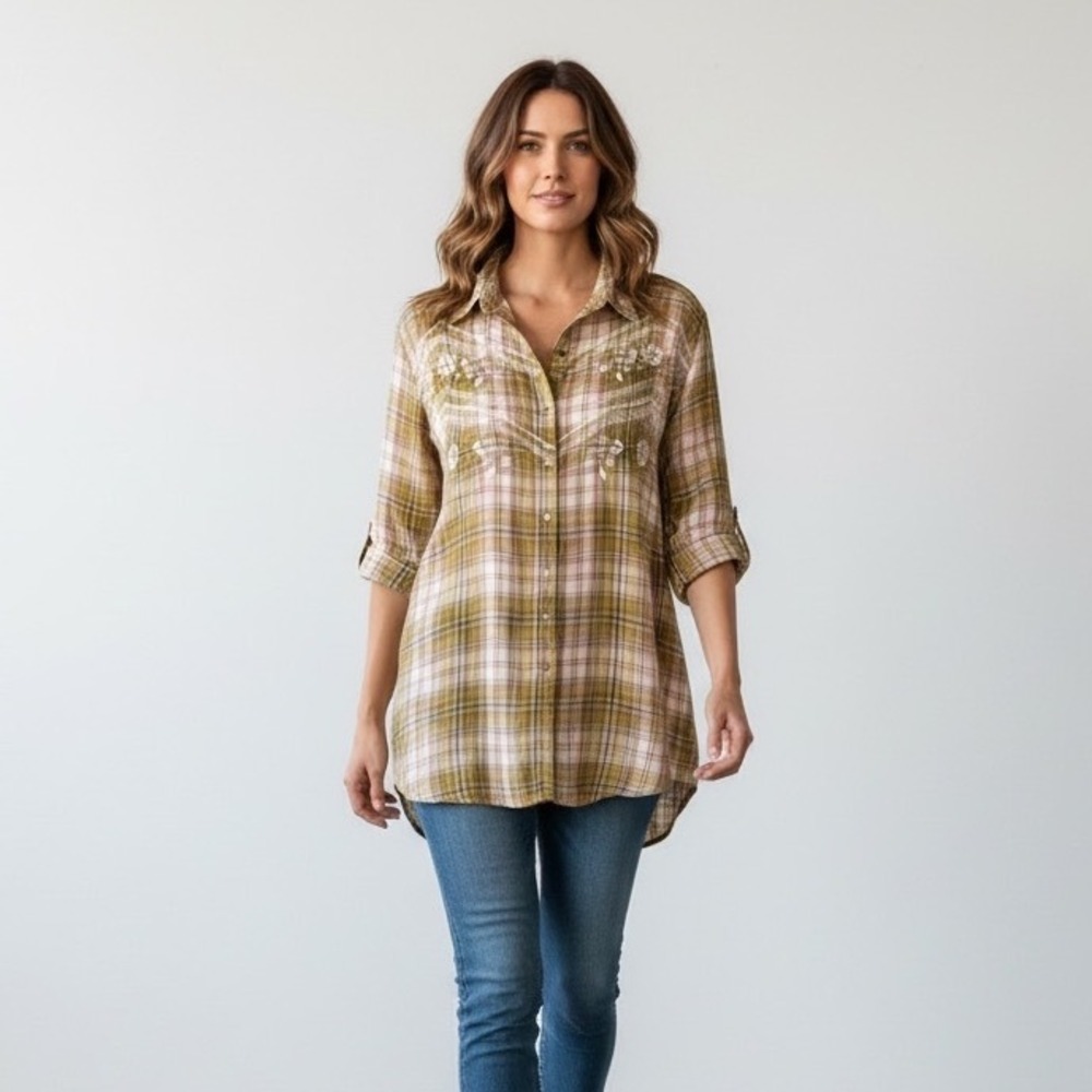 Vintage 90s Natural Reflections Plaid Western Shirt 2X Embroidered Yellow Orange